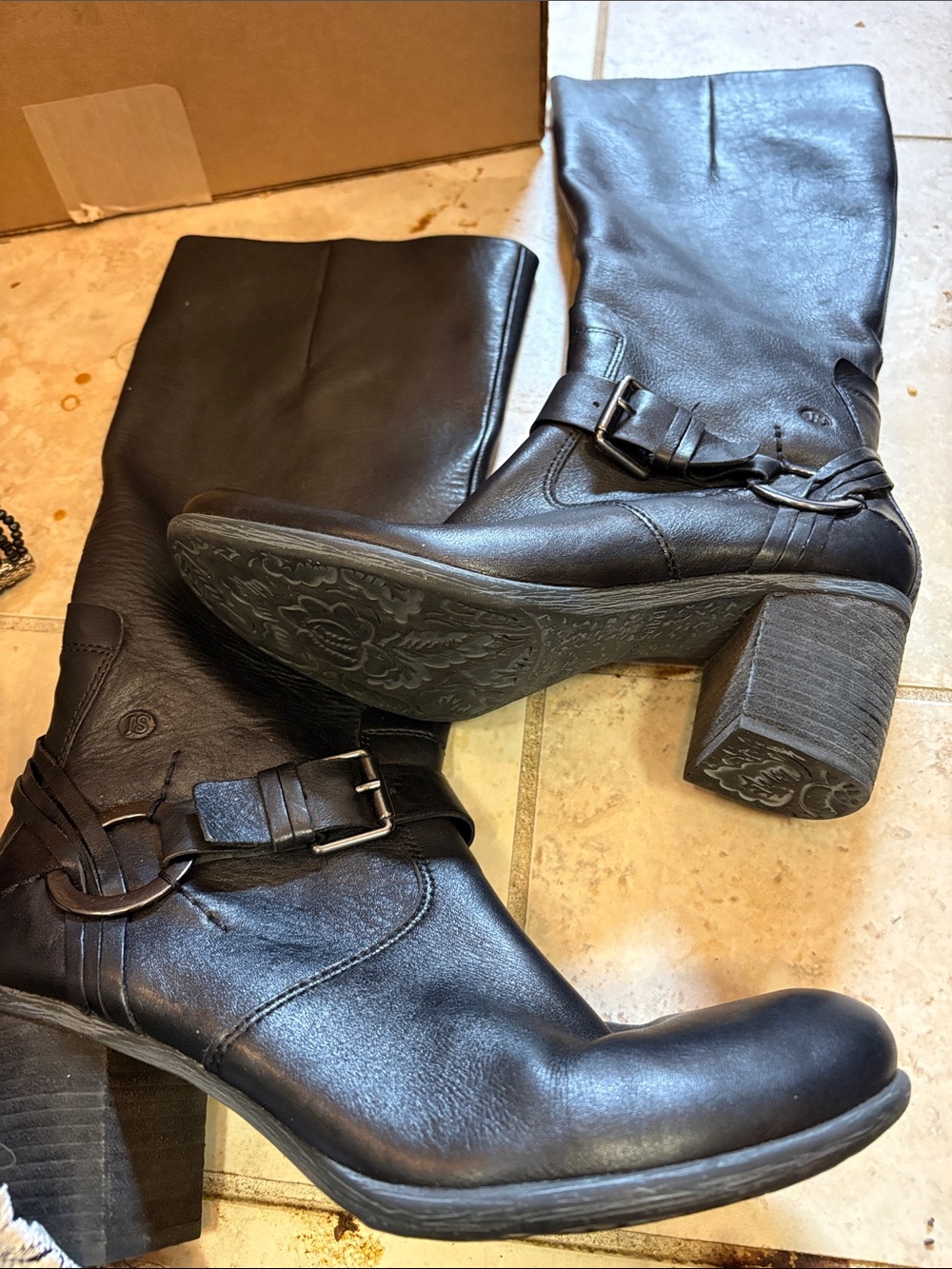 Women's Black Leather Mid-Calf Buckle Boots